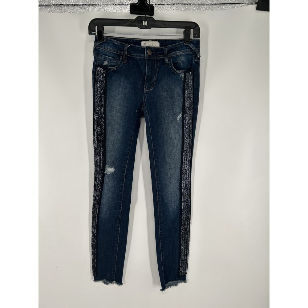 Free People Skinny Jeans Women 24 Blue Denim Solstice Beaded Embellished Stretch